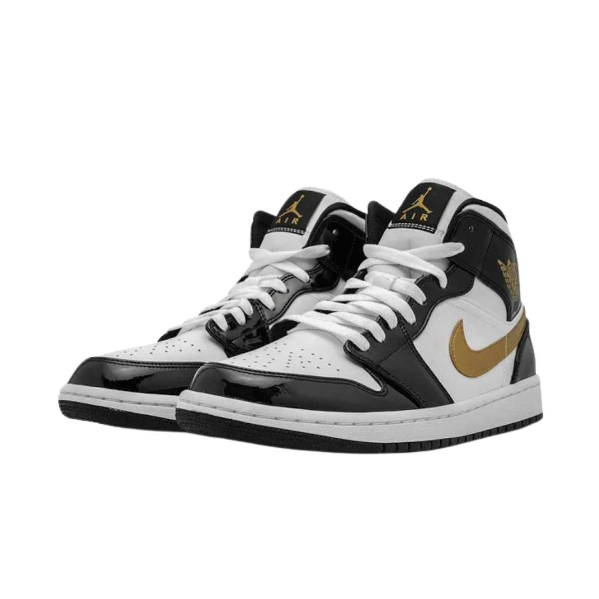 Jordan 1 Mid Patent Black White Gold