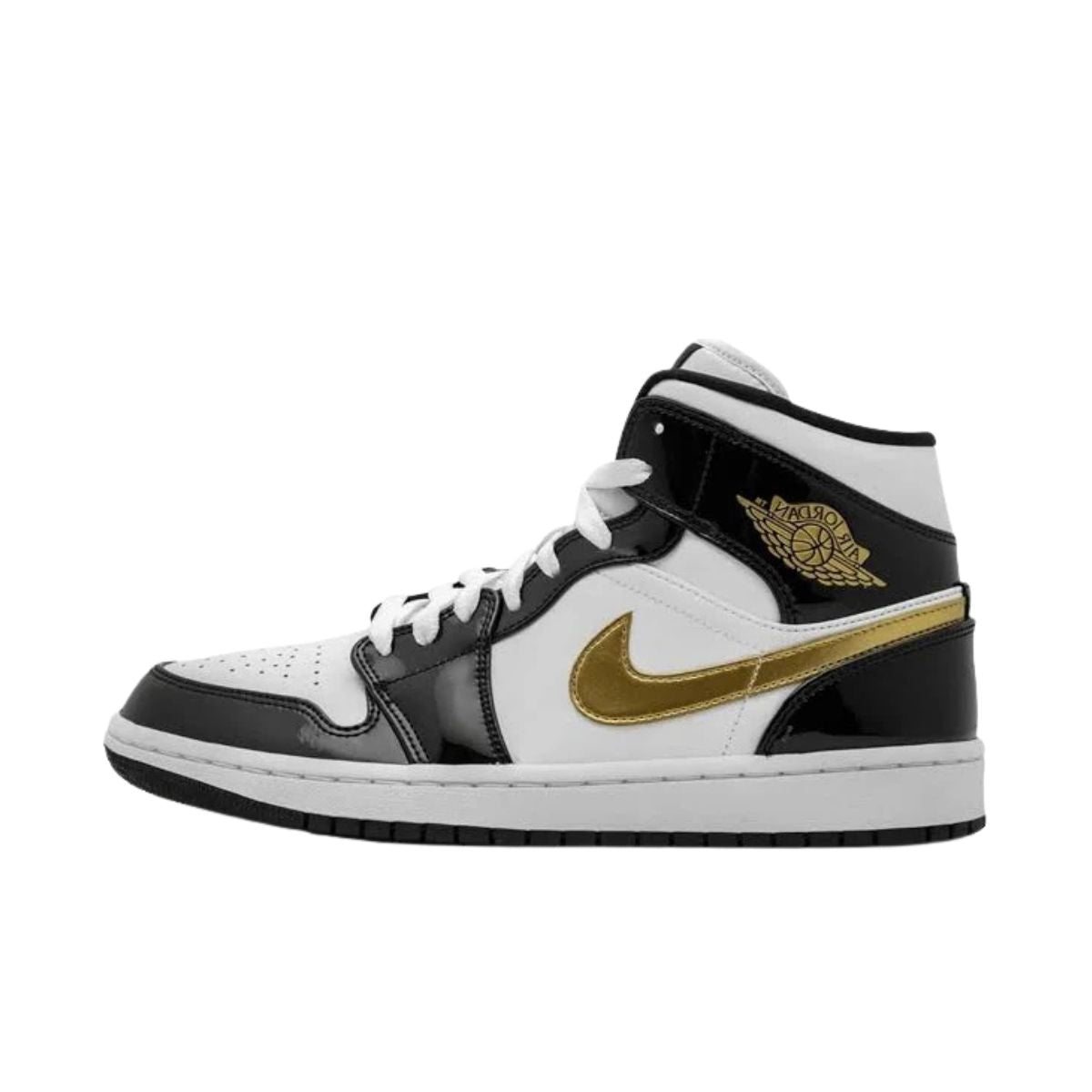 Jordan 1 Mid Patent Black White Gold
