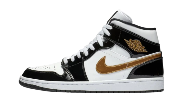 Jordan 1 Mid Patent Black White Gold